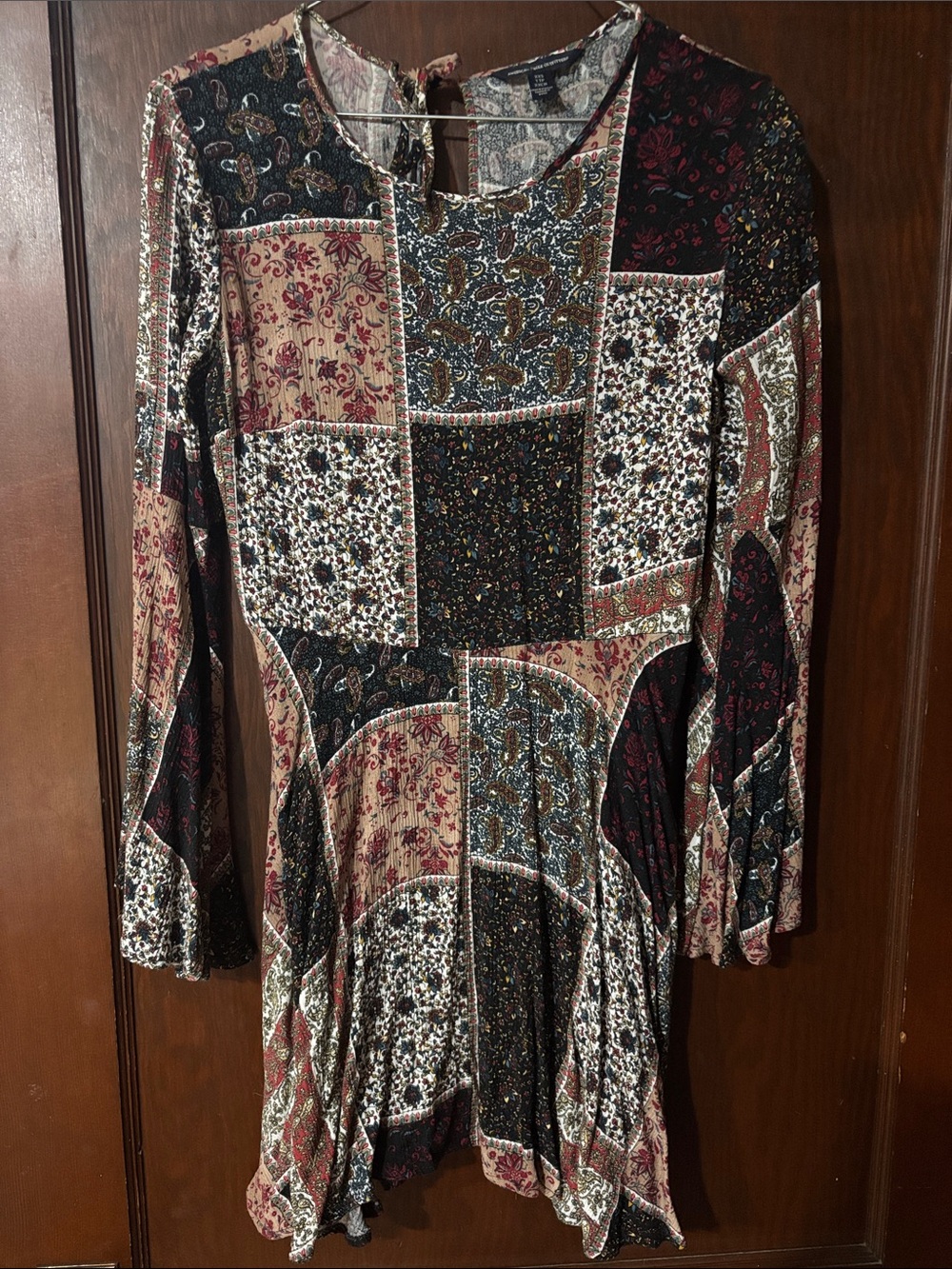 Boho Patchwork Long-Sleeve Flounce Dress in Multi-Colored Print